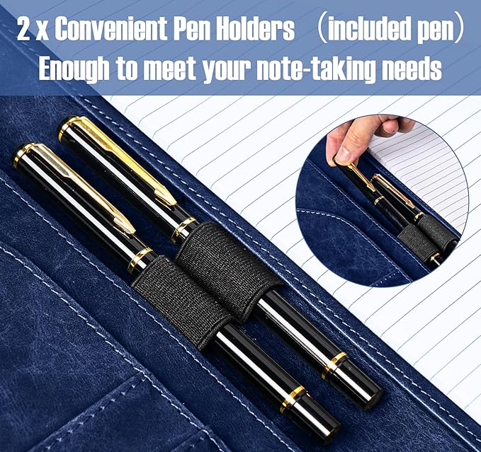 DIN A4 PU Leather Portfolio Folder Binder, Legal Pad Holder for A4 Letter Size Notepad, Magnetic Closure Business Clipboard with Cover Professional with 2 Pen for Men Women, Dark Blue