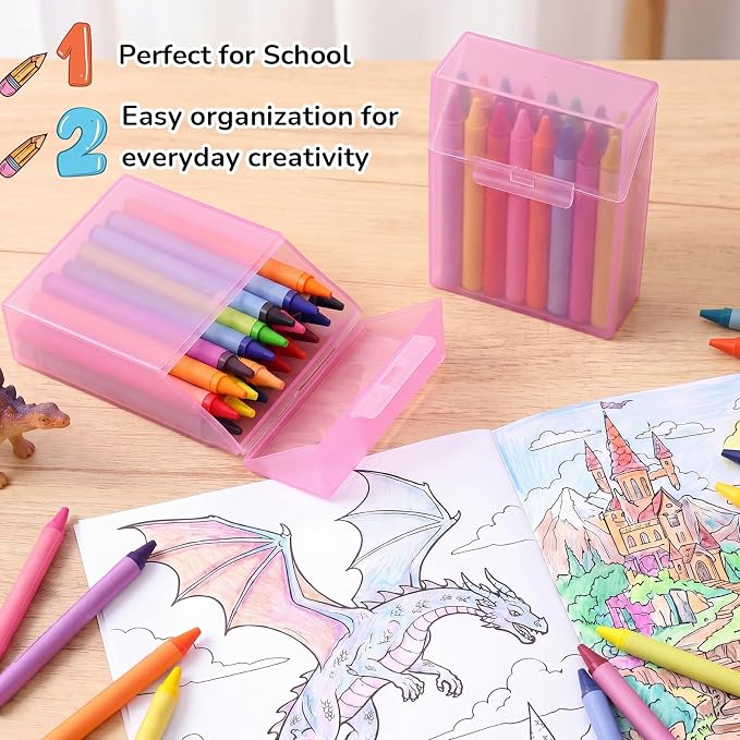Clabby 24 Pcs Plastic Crayon Organizer Case for 24 Count Crayons Kids Art Supply Storage Box with Lid, Portable Holder for Classroom Home Travel, Fits Standard 24-Pack Crayon (Pink)