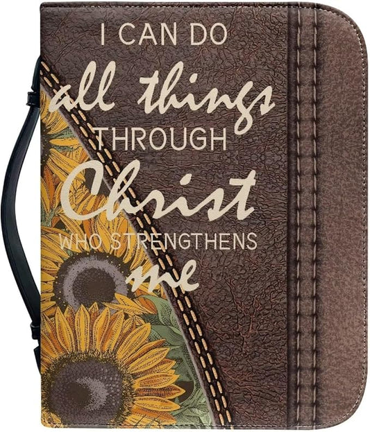 Sunflower Cowboy Bible Carrying Case Large Bible Covers for Woman Girl Portable Fall Bible Covers Case PU Leather Bible Bag with Handle