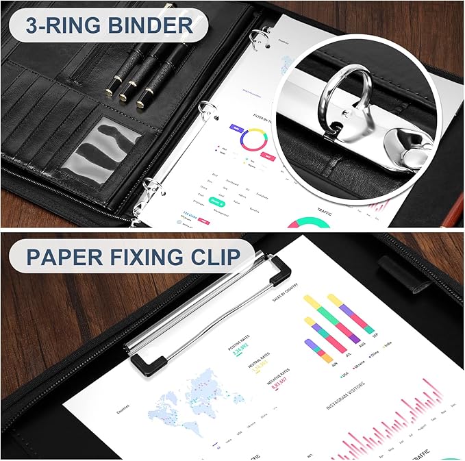 Padfolio Portfolio Organizer Binder with Zipper and Hidden Handle, PU Leather Portfolio Folder for Documents, Business Card Holder, Notepad Padfolio for Men&Women (Black)