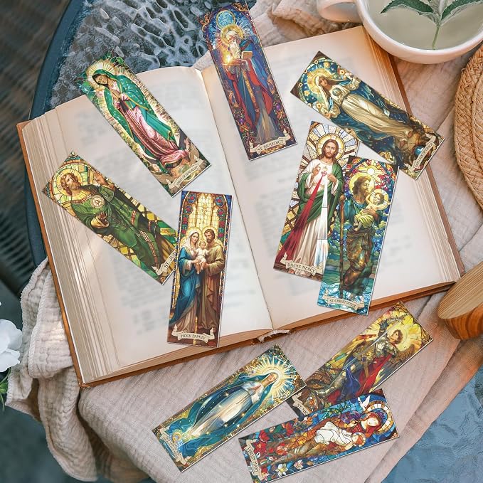 Stained Glass Catholic Bookmark Gifts - Wxiben 20 Pcs Christian Religious Transparent PVC Bookmark Catholic Saints Jesus Book Mark Page Clips for Women Men Book Lovers Church Sunday School Gifts