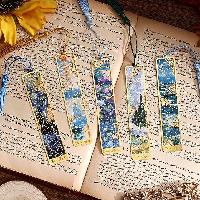 icceemee 12 Pieces of Gold Hollow Bookmarks with Tassels, Featuring Van Gogh and Monet Oil Painting Themes Perfect for Book Lovers, Writers, Readers, Children, Teenagers, Men, Women, and Adults