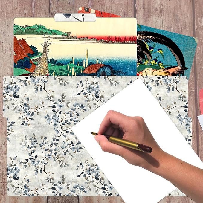 PARTH IMPEX 12 Pack Decorative Hokusai Floral File Folders, 1/3 Cut Tab with Assorted Positions, Letter Size Paper Holders (9.37” x 11.75”) Matte Finish Laminated, Cute Fancy Folder
