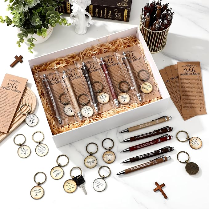 Dunzoom 25set 75pcs Fathers Day Christian Gift Emergency Numbers Bookmark Bible Verse Pen Religious Scripture Keychain for Women Men Coworker Church Prayer Baptism Souvenir Study Group(Elegant Color)