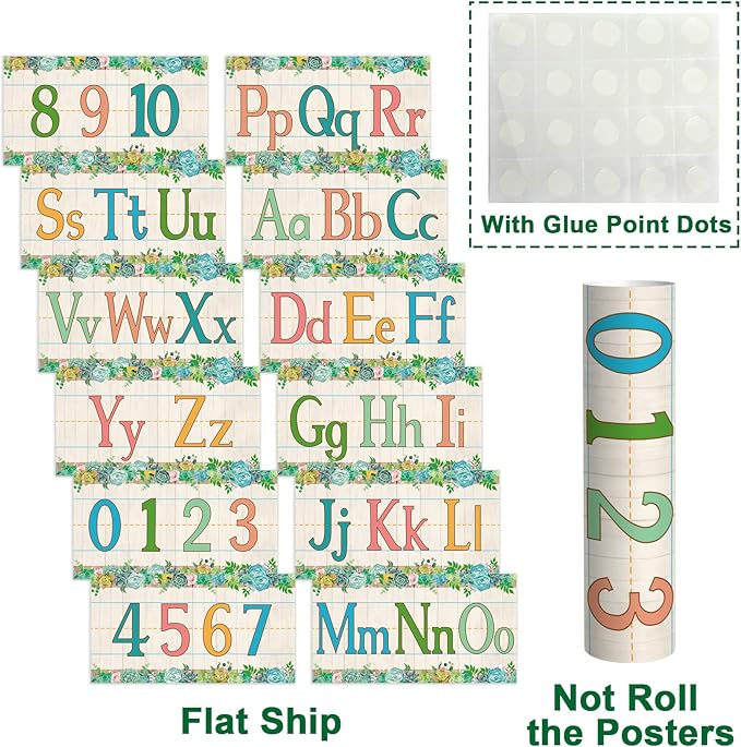 12 Pieces Alphabet Bulletin Board Strips Set Alphabet Line ABC Alphabet Banner & Number Border Posters for Preschool Kindergarten Classroom Playroom Bedroom (Succulent)