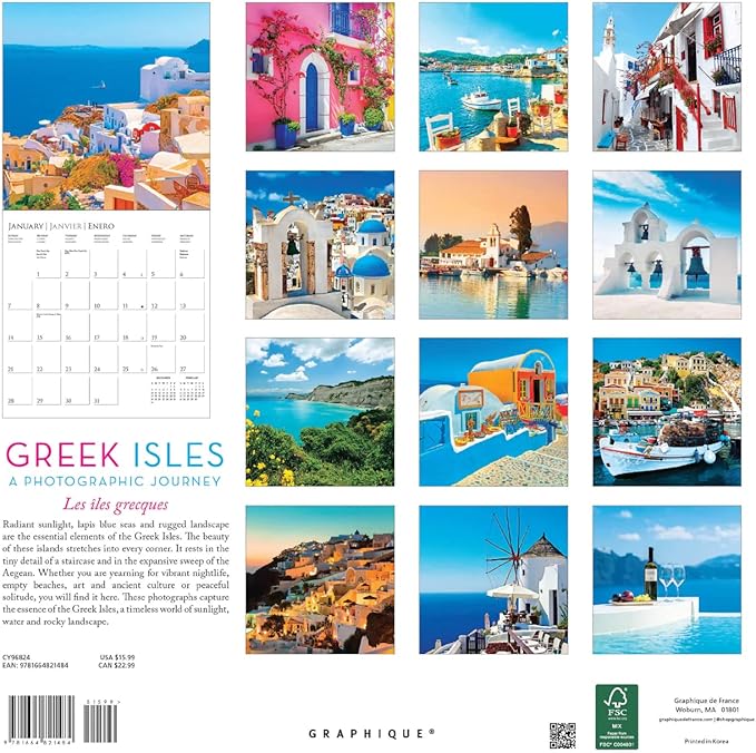 Graphique 2024 Greek Isles Wall Calendar | 12” x 12” | Thick Paper | Home & Office Organizer | Large Monthly Grid | 3 Languages & Marked Holidays | 4 Month Preview Page for 2025