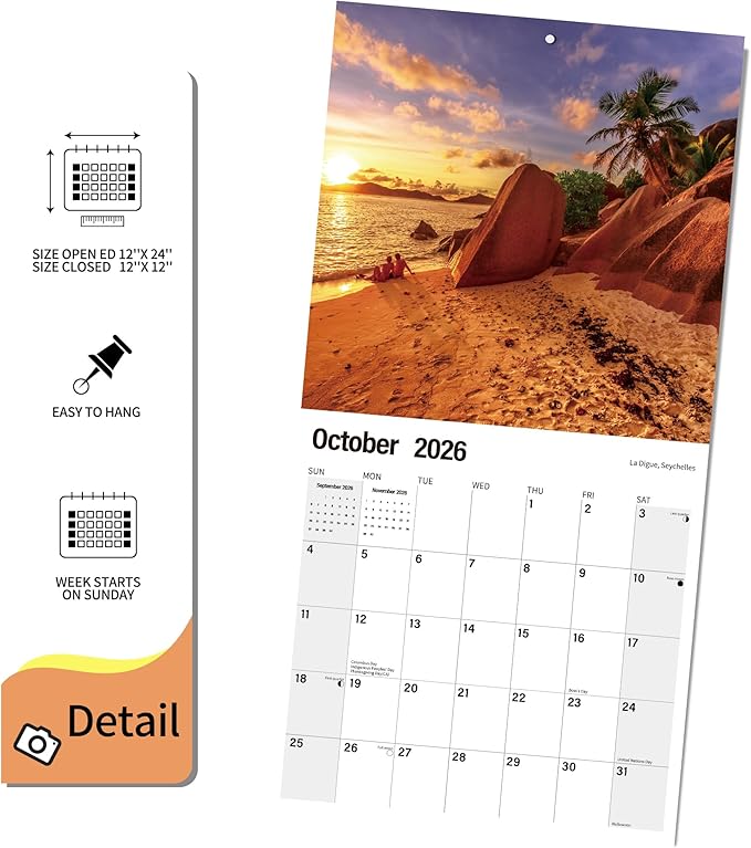2026 Wall Calendar Planner Calendar - Sunset On The Beach Hangable Monthly Wall Calendar with Large Blocks for Organizing & Planning, Academic Schedule, Home, Office & family, Thick & Sturdy Paper