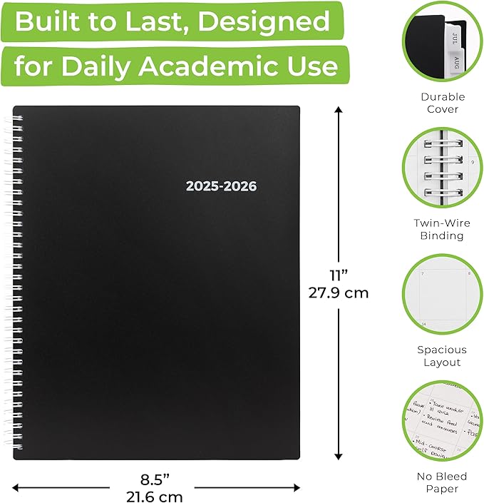 WallDeca Academic Planner 2025-2026, Daily, Weekly & Monthly Planner, July 2025 - June 2026, Student Notes Pages, Twin-Wire Binding Day and Weekly Agenda for School & Work (8.5 x 11-Inches, Black)