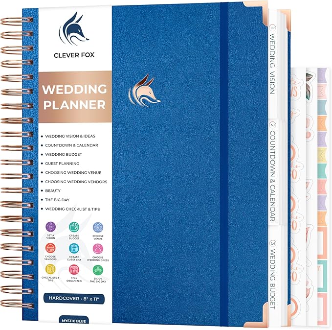 Clever Fox Wedding Planner – Notebook Organizer for Bride – Wedding Planning Binder Book with Pockets – Engagements Gift, 10x11″ (Mystic Blue)
