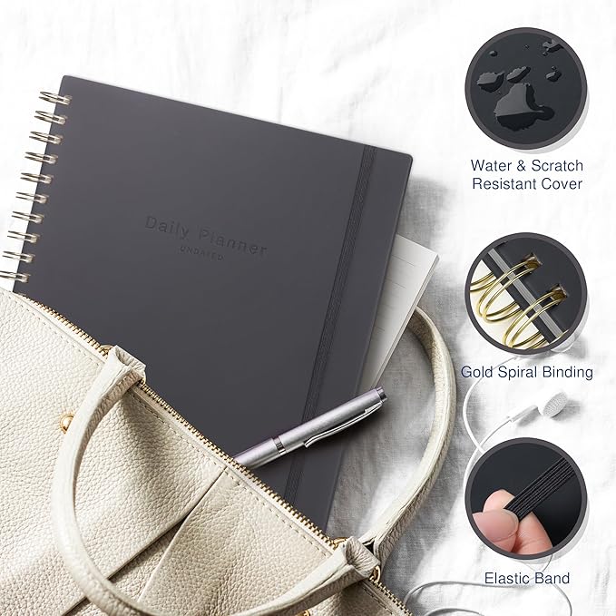 AuroPlanner Undated Daily Planner To Do List Hourly Schedule 2027 2026 2025 Calendar & Holiday Habit Tracker 180 Pages Letter Size 8.5" x 11" Sheets Hardcover Spiral Bound Notebook (Black)