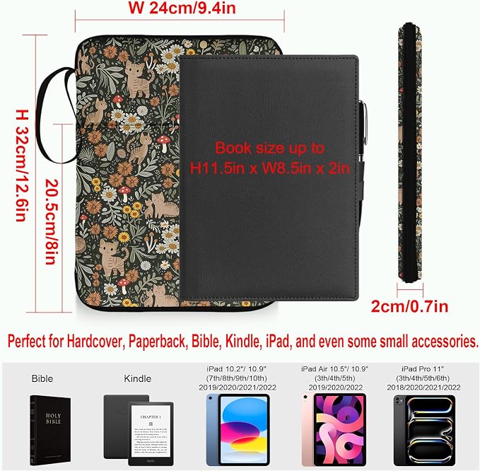 Cat Floral Book Sleeve Book Pouch, Cute Cat Floral Print Book Protector Case with Zipper, PU Leather Waterproof Book Cover Bag, Portable Book Pouch for Book Lovers Gifts Paperbacks Hardcover