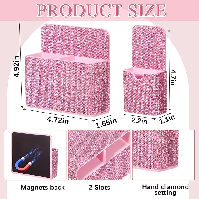 MotiMind 2 Pcs Pink Bling Magnetic Marker Holder Women Girl Locker Accessories Marker Pen Pencil Holder for Refrigerator Whiteboard Sparkly Gift Desk Organizer for School Office (Rhinestone)