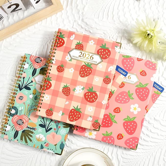 2026 Planner, Jan.2026 - Dec.2026 Planner Weekly and Monthly 6.25"x8.5" with with Page Tabs, Calendar Hardcover with Inner Pocket, Elastic Band, Twin-Wire Binding, Bookmark,Strawberry Lattice