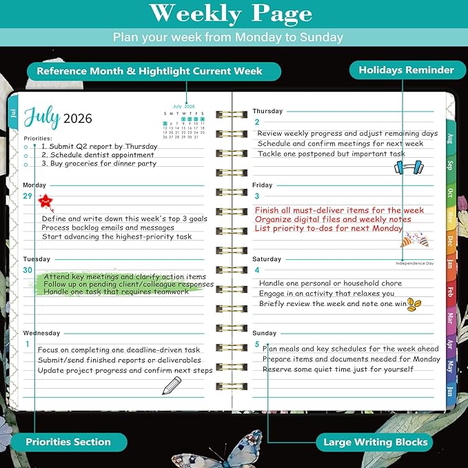 Planner 2026-2027 - Academic Planner 2026-2027, July 2026 - June 2027, 6.5” x 8.5”, Weekly and Monthly Planner, 26-27 Calendar Planner, Colorful Tabs, Back Pocket, Holidays, Hardcover