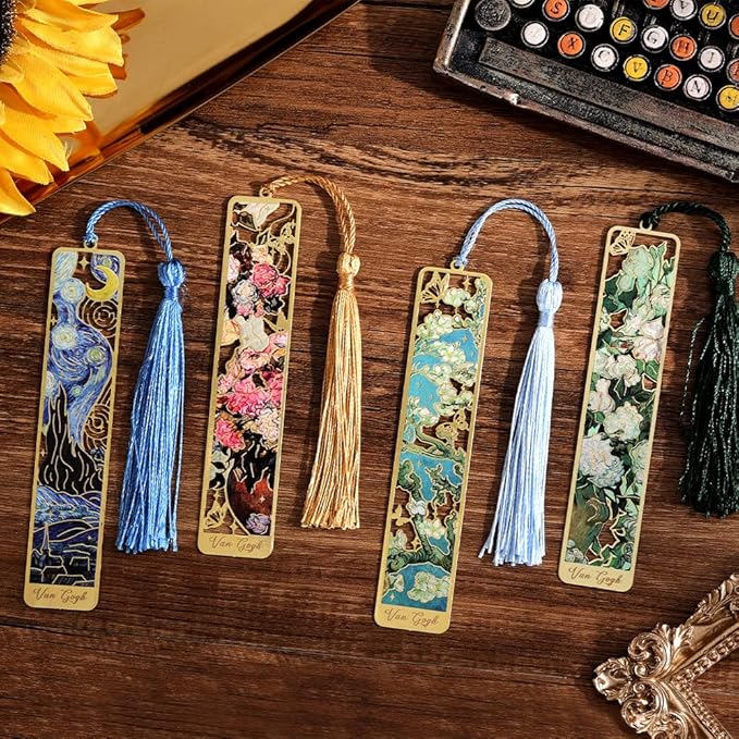 icceemee 4 Pieces of Gold Hollow Bookmarks with Tassels, Featuring Van Gogh and Monet Oil Painting Themes Perfect for Book Lovers, Writers, Readers, Children, Teenagers, Men, Women, and Adults