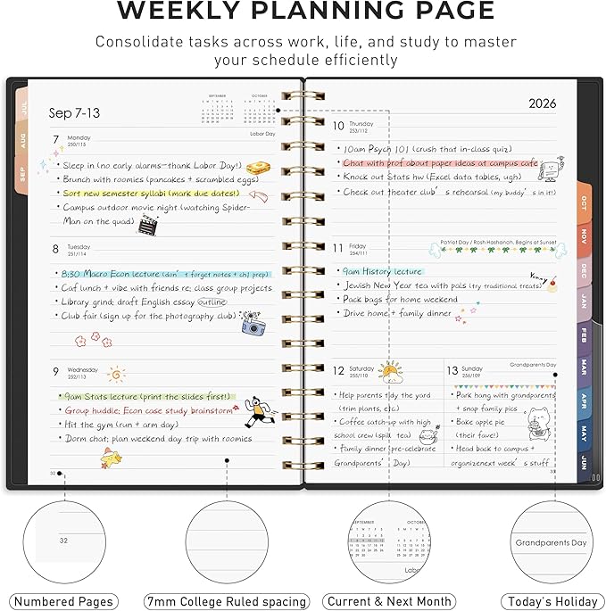 RETTACY Academic Planner 2026-2027, Weekly and Monthly, July 2026 - June 2027, Medium Size (5.7" x 8.3"), Calendar, Agenda, 12-Month Tabs, for Student, Teacher, School (Black)