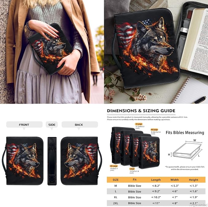 Lotusorchid Wolf Print Bible Carrying Case with 2 Book Marks, American Flag Leather Bible Cover for Women, Large Bible Case for Girls, Black, Size 2XL