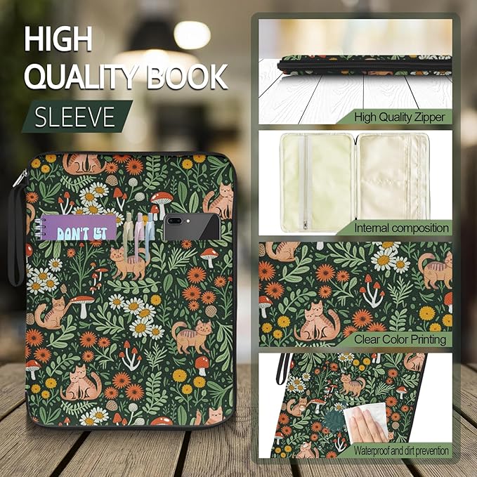 Cute Cat Printed Book Sleeve Pouch Case with Zipper - Waterproof Journal Cover for Book Lovers, Teachers, Readers & Librarians
