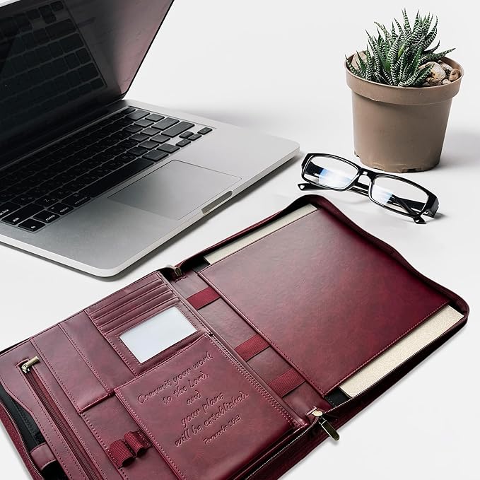 DEHITE Leather Portfolio for Men – Padfolio Case for Men and Women – Cherry Bible Notebook Organizer – Pen Slots – Zipper Binder – Premium PU Leather – Feels Like Full-Grain – Office Gift Accessories