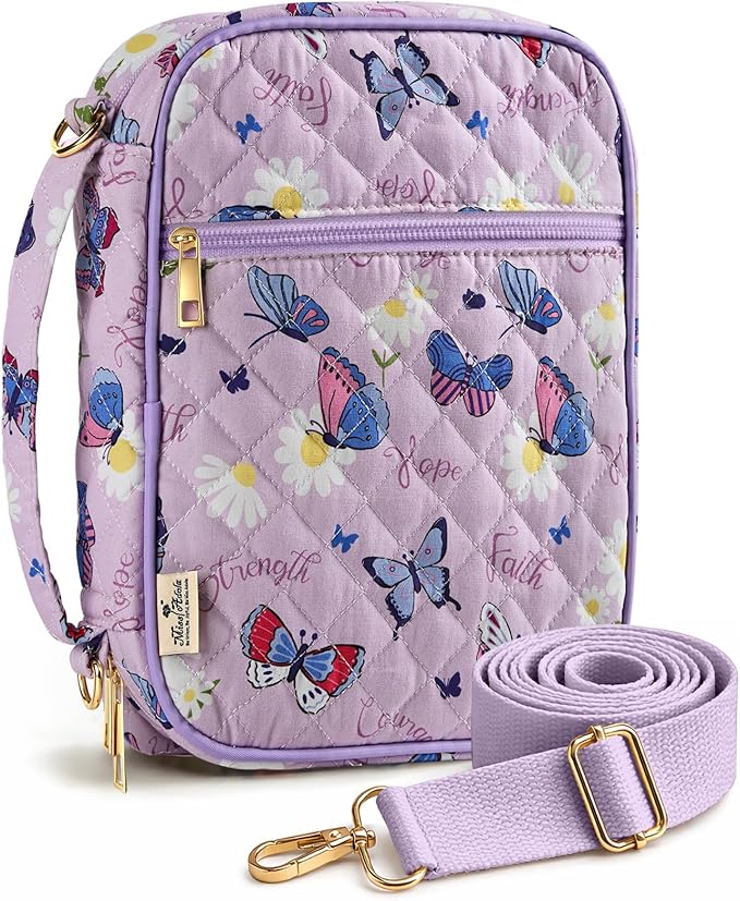 Miss Adola Bible Cover Case for Women - Quilted Bible Carrying Case Organizer Study Bag with Zipper Handle and Shoulder Strap Purple Butterflies Book Cover for Teen Girls