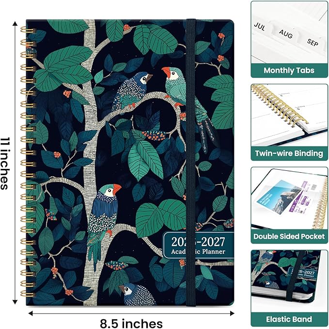 Planner 2026-2027, Academic Monthly and Weekly Calendar Planner for Women, July 2026 - June 2027, Hardcover Pretty Agenda Planner Book with Tabs, Spiral Daily Organizer for School Office Home Supplies, 8.5" x 11" - Midnight Aviary