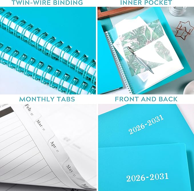 2026-2031 Monthly Planner/Monthly Calendar - 5 Year Monthly Planner, Jul.2026 - Jun.2031, 9" x 11", Double-Side Pocket + Polypropylene Cover - Green