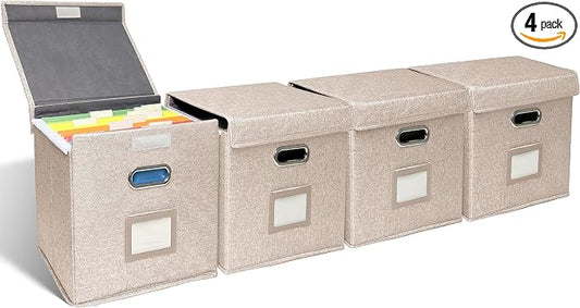 4 Pack Hanging File Folder Box with Lid, Durable Letter Size Filing Storage Box, Sturdy File Holder with Cardboard Support PVC Rails for Office Home Organizer, Beige