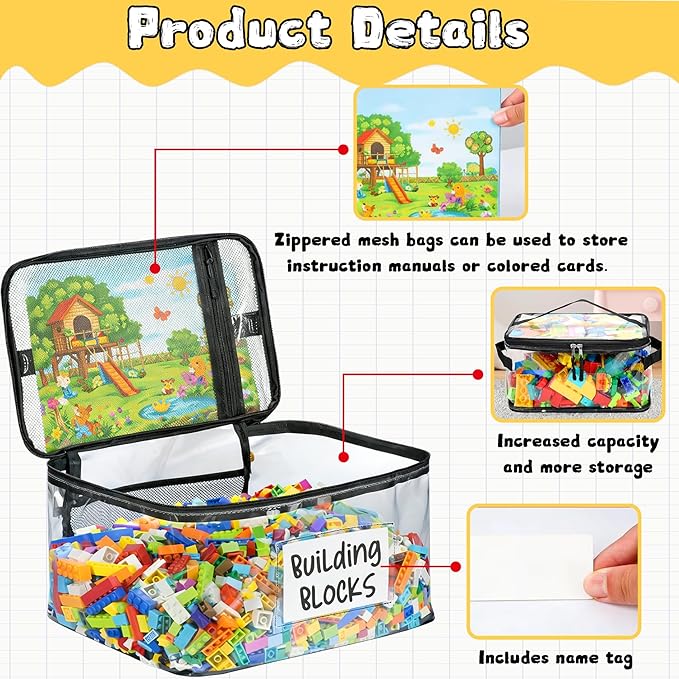 5 Pack Clear Toy Storage Bags, Toy Organizers and Storage with Labels and Manual Pocket, Suitable for Storing Puzzles, Stationery, Building Blocks (5 Packs Colorful Size L(L: 9.5 * 7 * 5.7Inch))