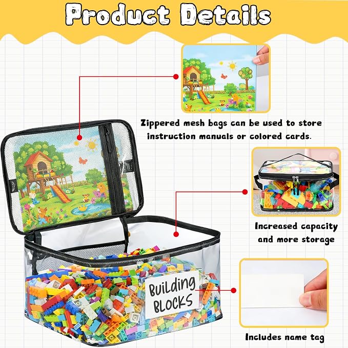 5 Pack Clear Toy Storage Bags, Toy Organizers and Storage with Labels and Manual Pocket, Suitable for Storing Puzzles, Stationery, Building Blocks (5 Packs Colorful Size L(L: 9.5 * 7 * 5.7Inch))