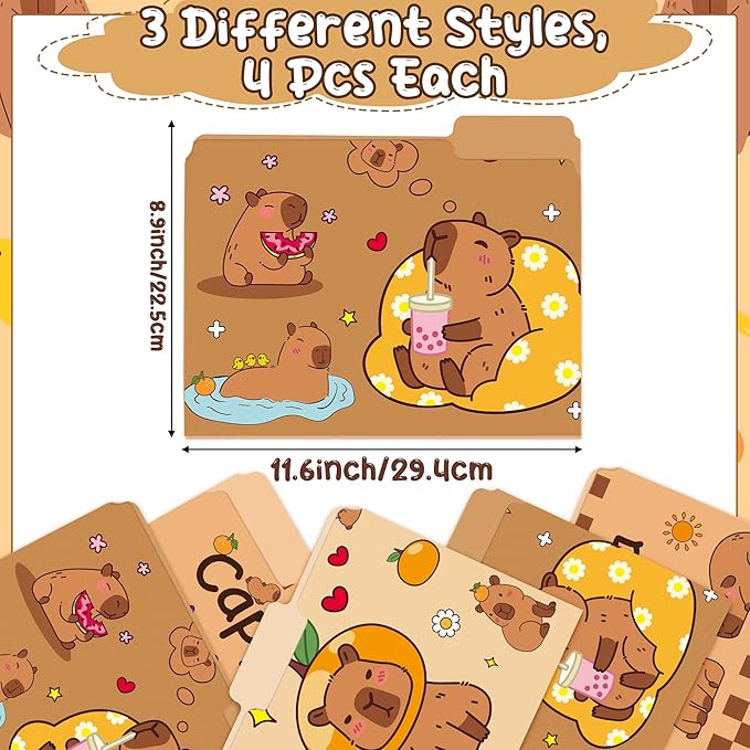 Xqumoi 12Pcs CAPY File Folders - Letter Size Cute Animal Decorative File Pockets with 1/3 Cut Tab Pretty Colored Folders for Office Home Classroom Supplies Documents Paper, 8.9 x 11.6 Inch