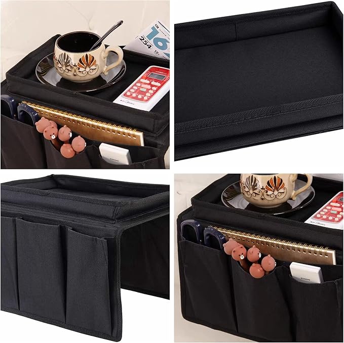 Sofa Armrest Organizer with Cup Holder No-Slip Couch Sofa Armrest Organiser Couch Remote Caddy Control Holder with 1 Large Pockets and 3 Small Pockets for Smart Phone Magazines Ipad Drinks (Black)