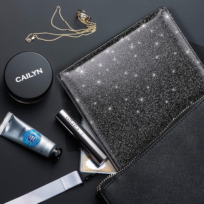 WAVEYU Glitter Portfolio Case, Bling Padfolio Cover for Women, Conference/Resume/Legal Document Organizer with Letter/A4 Size Clipboard Hardboard, Business Card Holders, Black