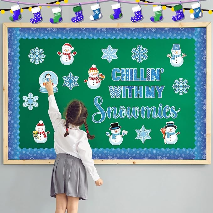 86 Pcs Winter Bulletin Board Decorations with Borders Holiday Chillin with My Snowmies Bulletin Board Christmas Snowman Snowflakes Cutouts for Classroom Decoration School Home Party