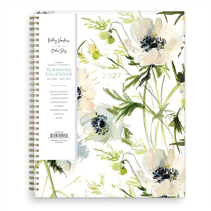 Blue Sky Kelly Ventura 2027 Weekly and Monthly Planner Calendar, January 2027 - December 2027, 8.5" x 11", Flexible Cover, Laminated Tabs, Durable Twin Wire Binding, Storage Pocket, Includes Sticker Sheet, Anemones