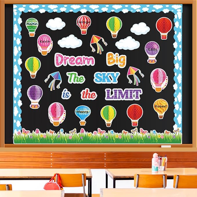 Pajean 66 Pcs Dream Big the Sky is the Limit Bulletin Board Sets Hot Air Balloon Cloud Borders 3D Honeycombs First Day of School Classroom Bulletin Board Decorations
