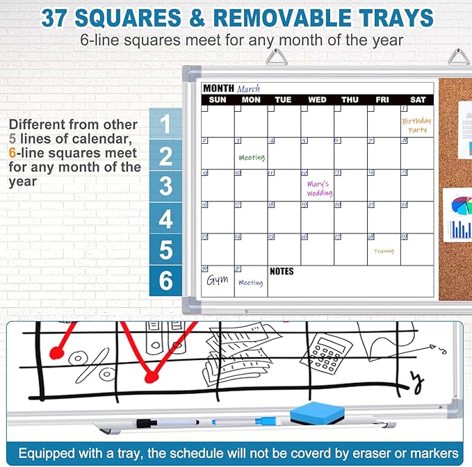 Calendar Whiteboard for Wall, 24" x 18" Double Sided Monthly Dry Erase Board Calendar for Office, Home, School, Hanging Cork Board White Board Combo, Portable Magnetic Dry Erase Planner Board
