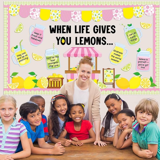 Summer Bulletin Board Set Lemon Theme Classroom Decorations Lemonade Stand Paper Cutouts Summer Bulletin Board Borders for Teacher Back to School Supplies Wall Window Blackboard Door Decor