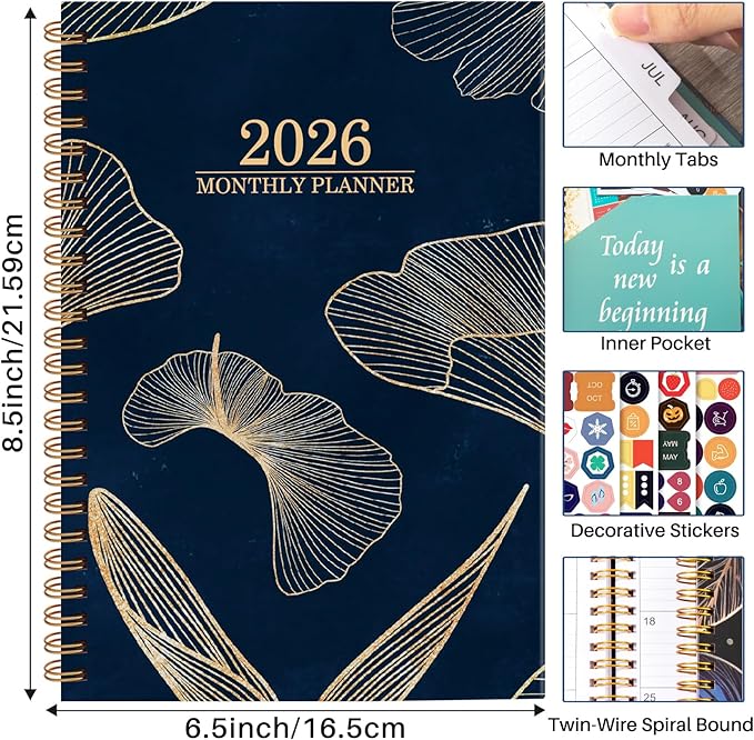 Planner 2026 - Weekly and Monthly Calendar Academic Planner, 2026 Yearly Daily Calendar Planning Agenda Book with Month Tabs, Jan to Dec 2026, With Stickers for Home Office School, 6.5" x 8.5" (Ginkgo leaves)