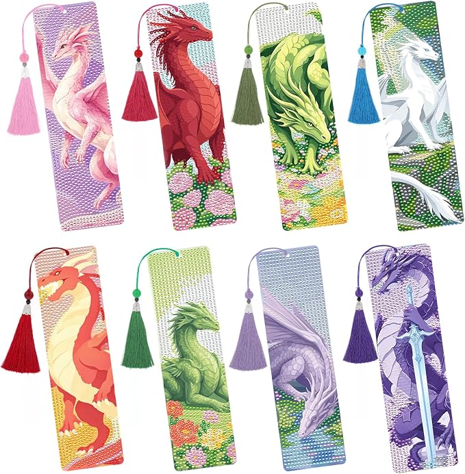 Dragon Diamond Art Bookmarks Kits - 8 Pcs DIY Diamond Painting Bookmarks with Tassel, Colorful Gem Art Craft Birthday Festival Gift for Reading Lover Beginners Bookworn