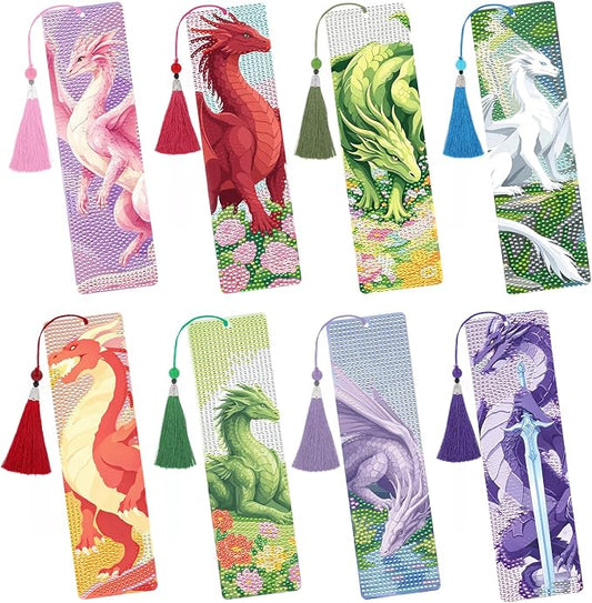 Dragon Diamond Art Bookmarks Kits - 8 Pcs DIY Diamond Painting Bookmarks with Tassel, Colorful Gem Art Craft Birthday Festival Gift for Reading Lover Beginners Bookworn