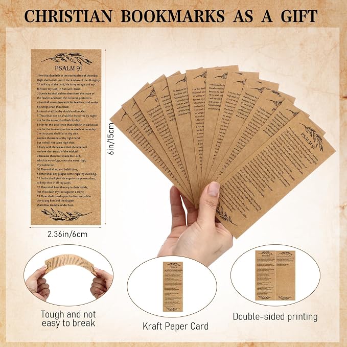 Skyygemm 200 Pcs Psalm 91 Bookmarks Bulk Clergy Appreciation Gift Christian Bible Scripture Kraft Paper Prayer Card Religious Verse Inspirational Sunday School Teacher Gift for Church Pastor (English)