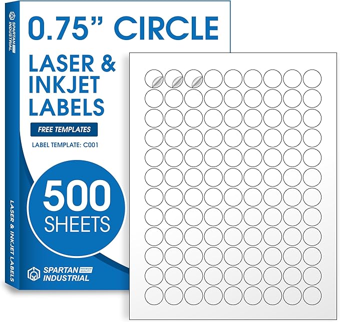 0.75" Printable Round Labels for Inkjet and Laser Printers - 54000 Blank Stickers, 500 Sheets for Price Tags, Thank You Stickers, QR Codes, Business Logos - Spartan Industrial Template C001