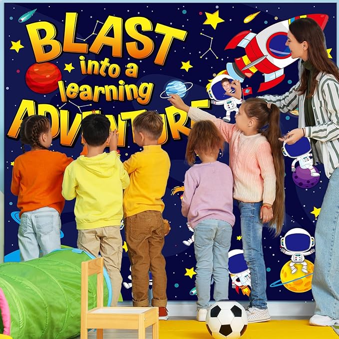 Outer Space Bulletin Board Classroom Decorations Set Galaxy Planet Spacecraft Astronaut Paper Cutout for Posting Photo Blast Into a Learning Adventure Teacher Back to School Wall Door Chalkboard Decor