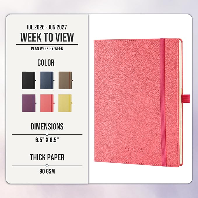 Weekly Planner 2026-2027 A5 (6.5" x 8.5") 12 Months (Jul'26 - Jun'27) Weekly & Monthly Planner with Month Tabs & Inner Pocket, Expenses/Note Pages, PU Leather Pink