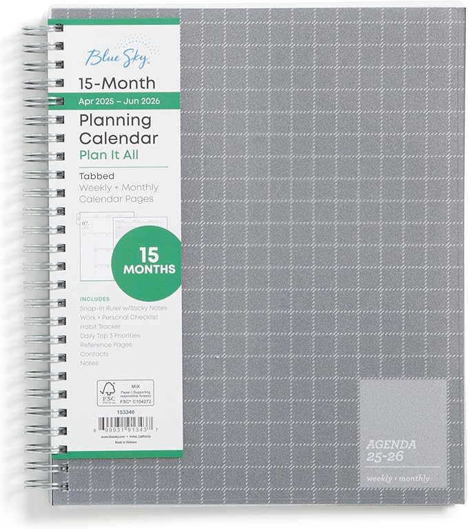 Blue Sky 15 Month 2025-2026 Weekly and Monthly Academic Year Planner Calendar, April 2025 - June 2026, 7" x 9", Flexible Cover, Wirebound, Laminated Tabs, Includes Ruler & Sticky Notes, Aiden Dark