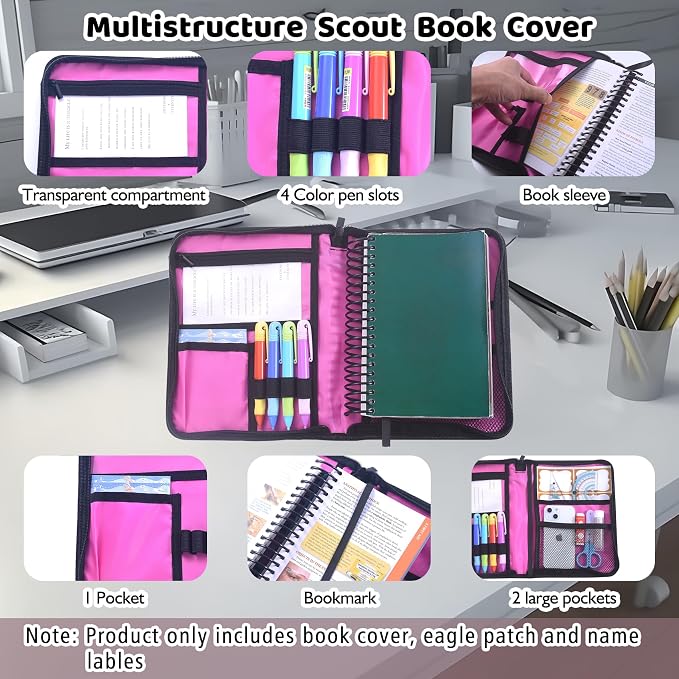 LParkin Pink Camo Scout Book Cover for Handbook 14th Edition, Waterproof Book Sleeve with 32 Name Labels & Eagle Patch, Unique Gifts for Girl Scouts