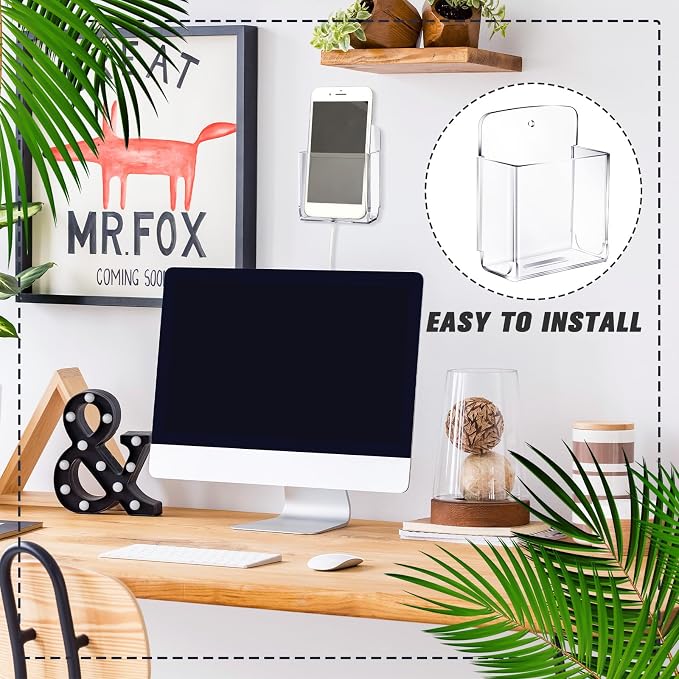 4 Pcs Acrylic Remote Control Holder Adhesive Wall Mount Phone Holder Clear Wall Mount Organizer Media Pen Storage Pen Phone Charging Storage Box for Home Office Living Room Bedroom