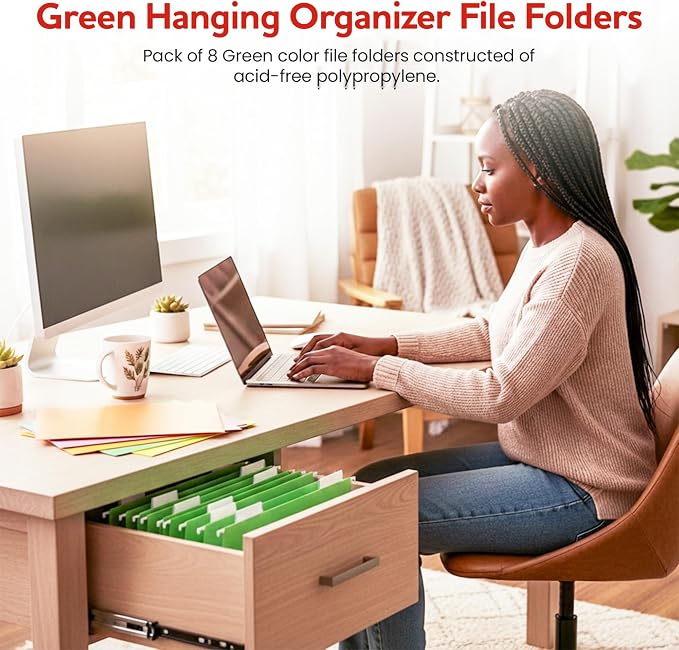 Green Hanging File Folders – 8 Pack, Letter Size File Organization Folders for Home, Office, School & Filing Cabinets