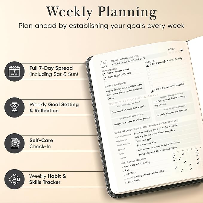2026 Planner, Daily Journal & Gratitude Journal All-In-One with To Do List, Self Care Prompts & Habit Tracker - 5.8 x 8.3 - Black