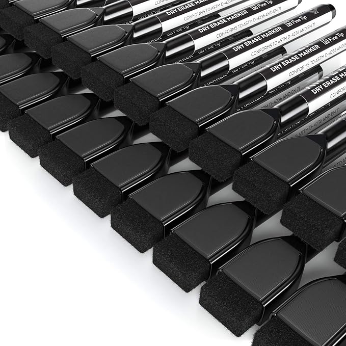 ARTEZA Black Dry Erase Markers with Erasers – Pack of 36 Magnetic Fine Tip Whiteboard Pens with Low-Odor Ink for Office & Home Use
